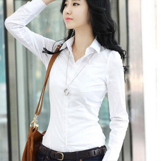 "Office Lady" Casual Solid White Shirt Tops